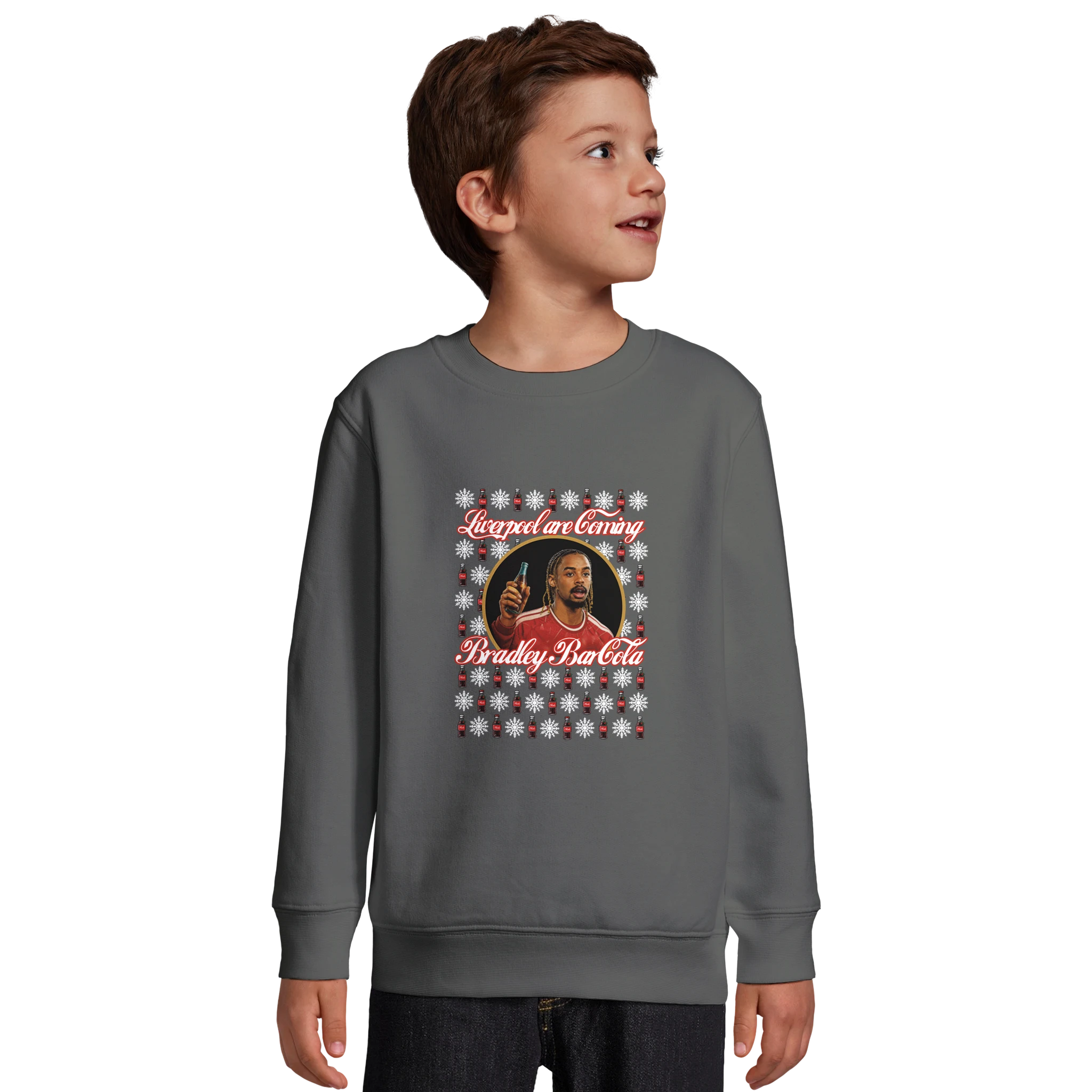 Kids - Liverpool are Coming - Bradley Barcola Christmas Jumper in Grey Melange